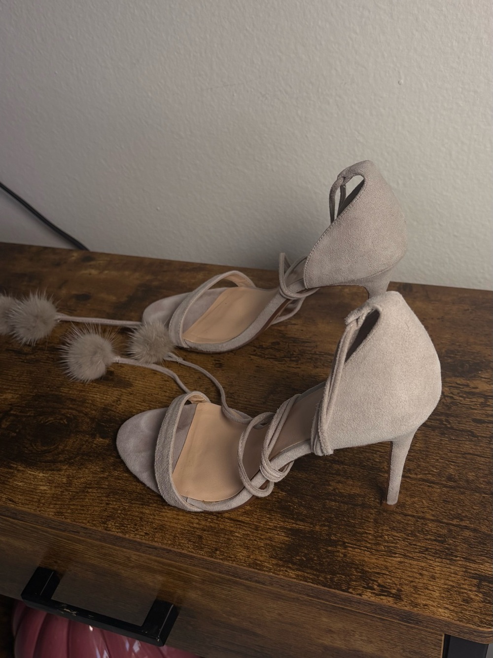 Womens Suede Lace-Up High Heel Sandals in Taupe